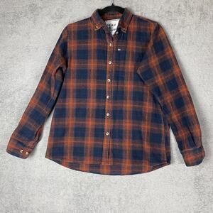 Peau De Loup Shirt Unisex 6 Navy Orange Plaid Flannel Button Up Upcycled Cotton